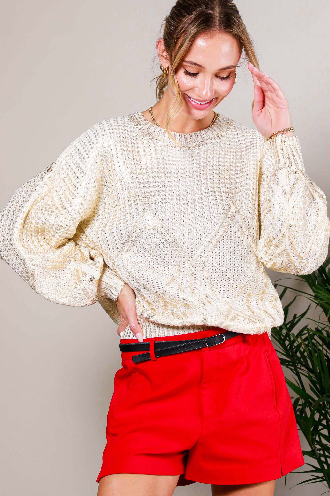 Crew Neck Cable Gold Foil Metallic Knitted Sweater VT31763A