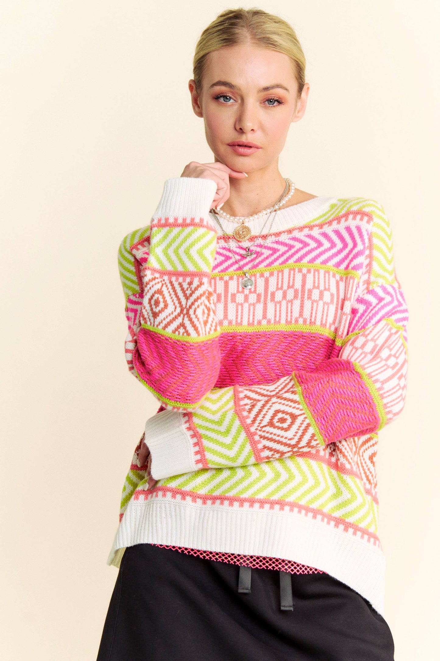 Mixed Pattern Textured Stripe Over Sweater Top