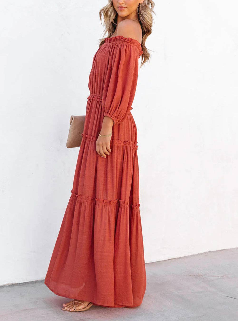 Off Shoulder Balloon Sleeve Cutout Ruffled Maxi Dress