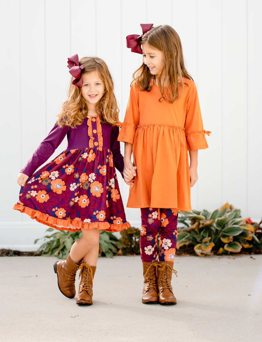 Girls Rust Bow Bell-Sleeve A-Line Dress & Florals Leggings