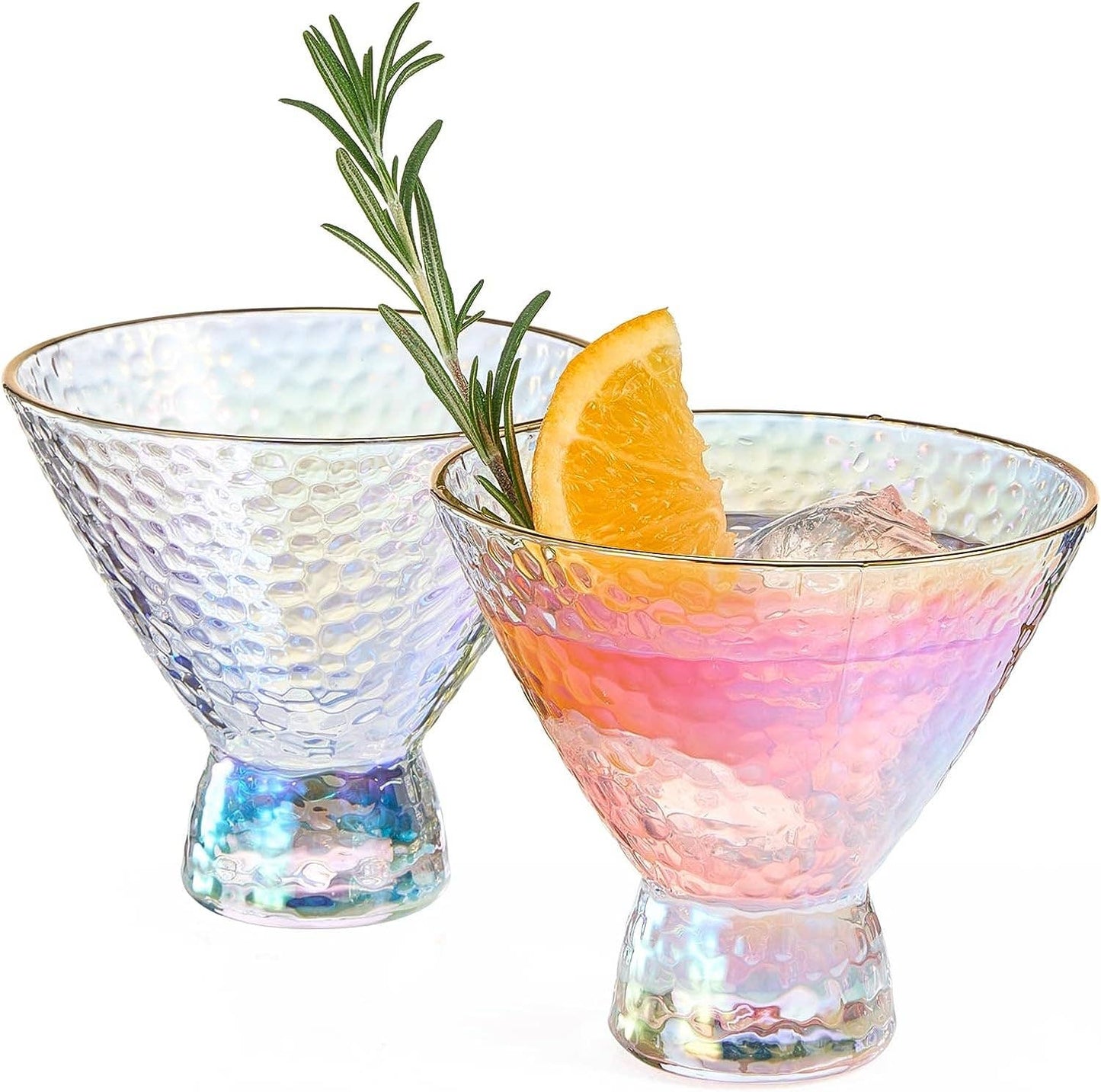 Set of 2 Iridescent Hammered Stemles Glasses - Gold Rim 8oz