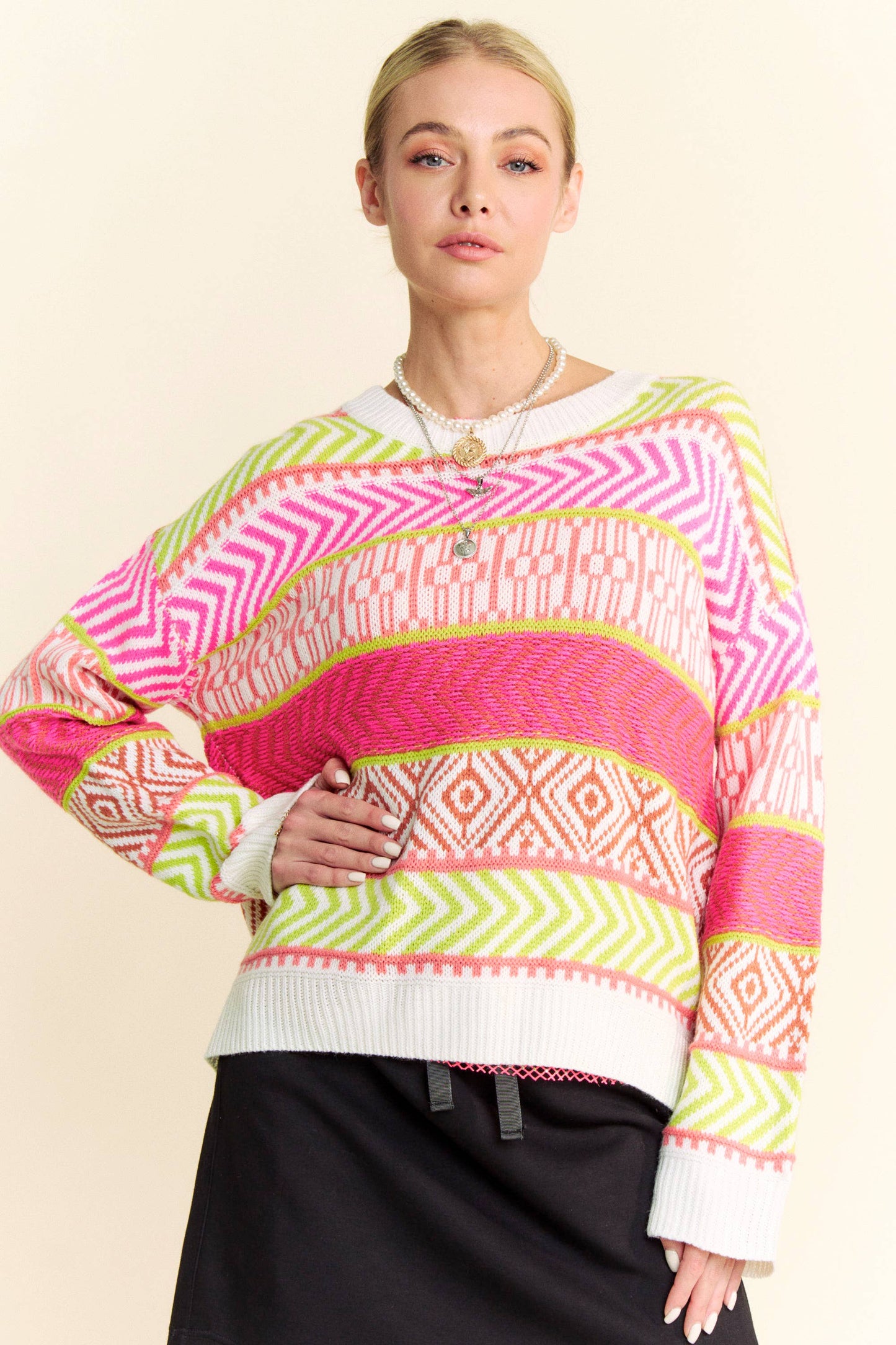 Mixed Pattern Textured Stripe Over Sweater Top