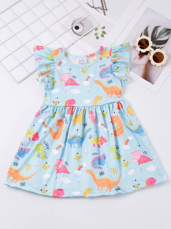 Dinosaur Print Dress girls summer ruffle sleeve twill dress