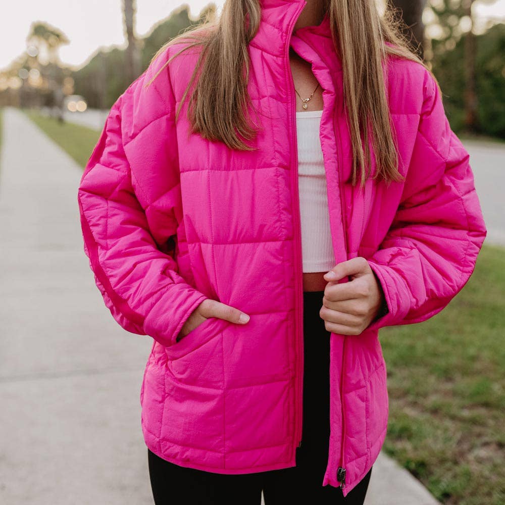 Hot Pink Lightweight Quilted Squares Zipper Jacket