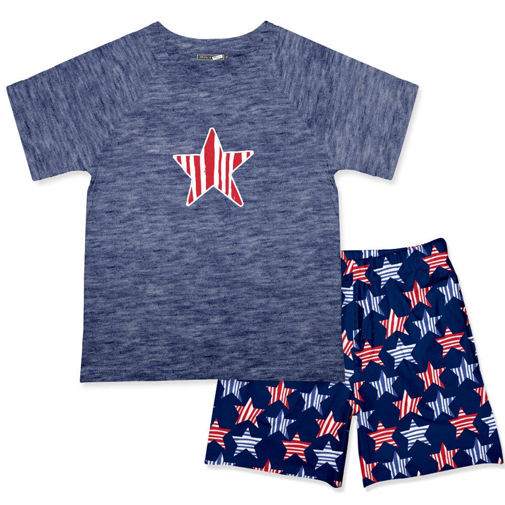 Navy Heather Crewneck Tee & Royal Stars & Stripes Pocket Sho