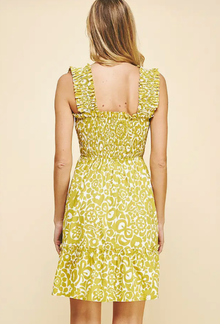 Print Smocked Mini Dress - Lime