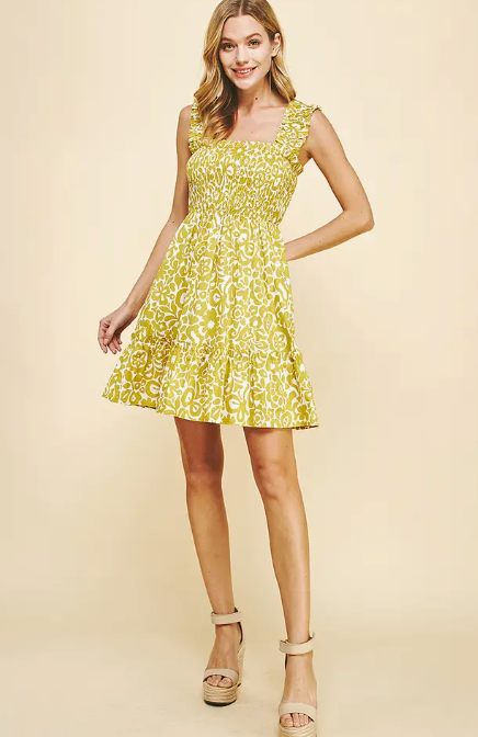 Print Smocked Mini Dress - Lime