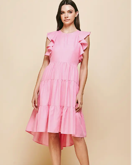 Ruffle Sleeve Tiered Midi Dress - Pink